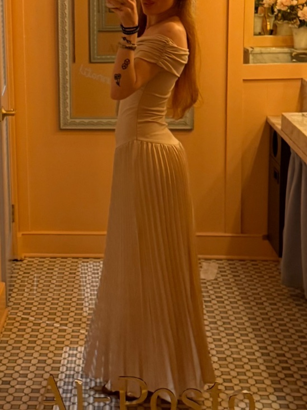 Off-Shoulder Pleated Maxi Dress in Beige - Picture 2 of 4